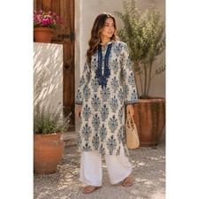 Khaadi 100 Cotton Embroidered Floral Tunic Kurta Pakistan Size 12 Blue White