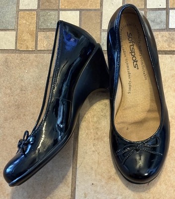 Softspots Black Patent Leather Comfort Dress Shoes Wedges Bow Detail Women's 6 M