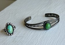 Vintage Western Jewelry Sterling Silver Turquoise Ring and Bracelet Set