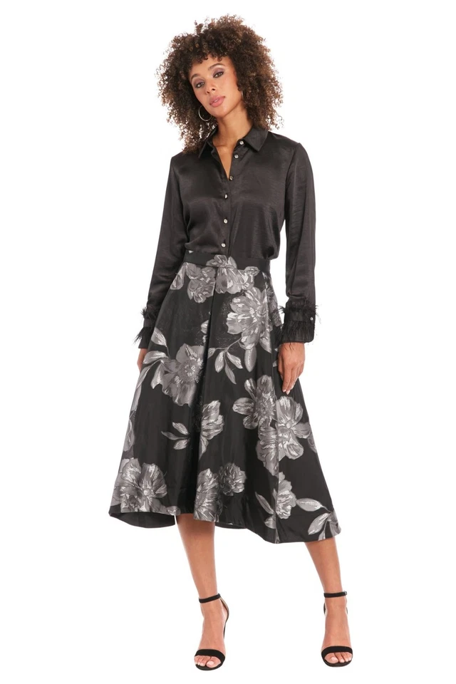 Falda midi de organza floral Gramercy Muse X6017 para mujer, negra/plateada, EE. UU. 14 Foto 3 de 4