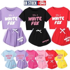Kids Girls White Print Logo Foxes Short T-shirt Pants Outfits Tracksuit Sets Pjs