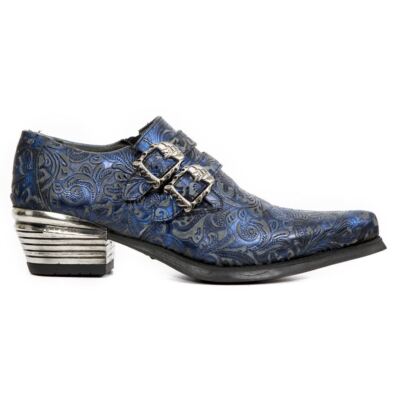 New Rock 7960-s7 Embossed Blue Leather Steel Buckle Shoes