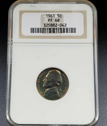1961 P Jefferson Gem Proof Nickel Coin NGC PF68 Vintage Fat Holder