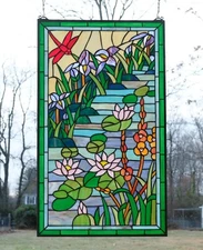 20" x 33.75" Tiffany Style stained glass window panel Dragonfly water lily HF632