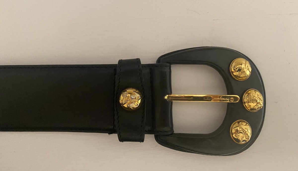 Salvatore Ferragamo stunning black leather belt w/rare gold 