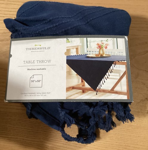 ⚡️Threshold Dark Blue Cotton Fringed Table Throw 50" x 50" 🆕