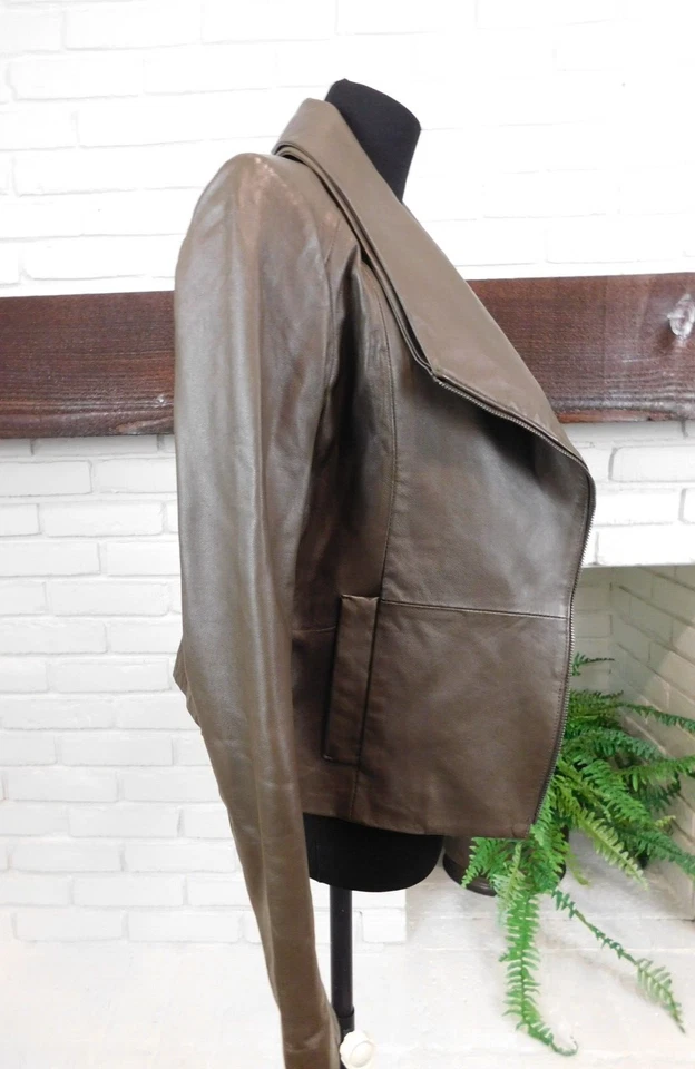 Chaqueta para mujer NEIMAN MARCUS CUSP talla S cuero marrón tostado verde oliva cremallera moto Foto 3 de 4