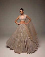 Wedding Party Wear Beige Net Lehenga Choli With Dupatta For Women Girls