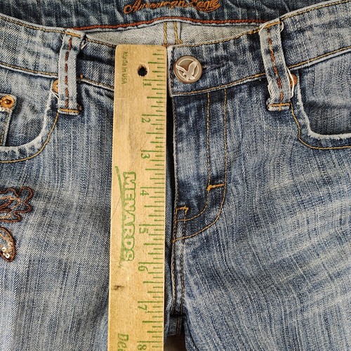 American Eagle Jean 6 RARA Bota Elástica Detalle Bordado Bajo Envejecido Y2K - Imagen 7 de 14