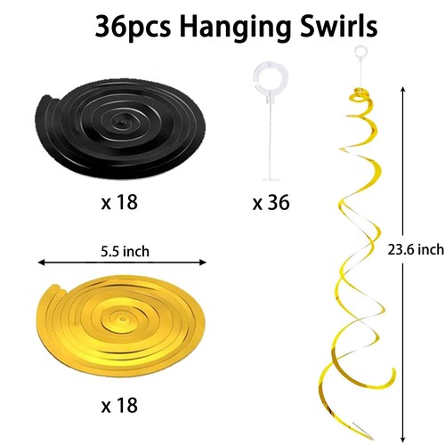 Black Gold Hanging Swirls Party Decorations 36PCS Plastic Ceiling Streamers F... - Picture 2 of 6