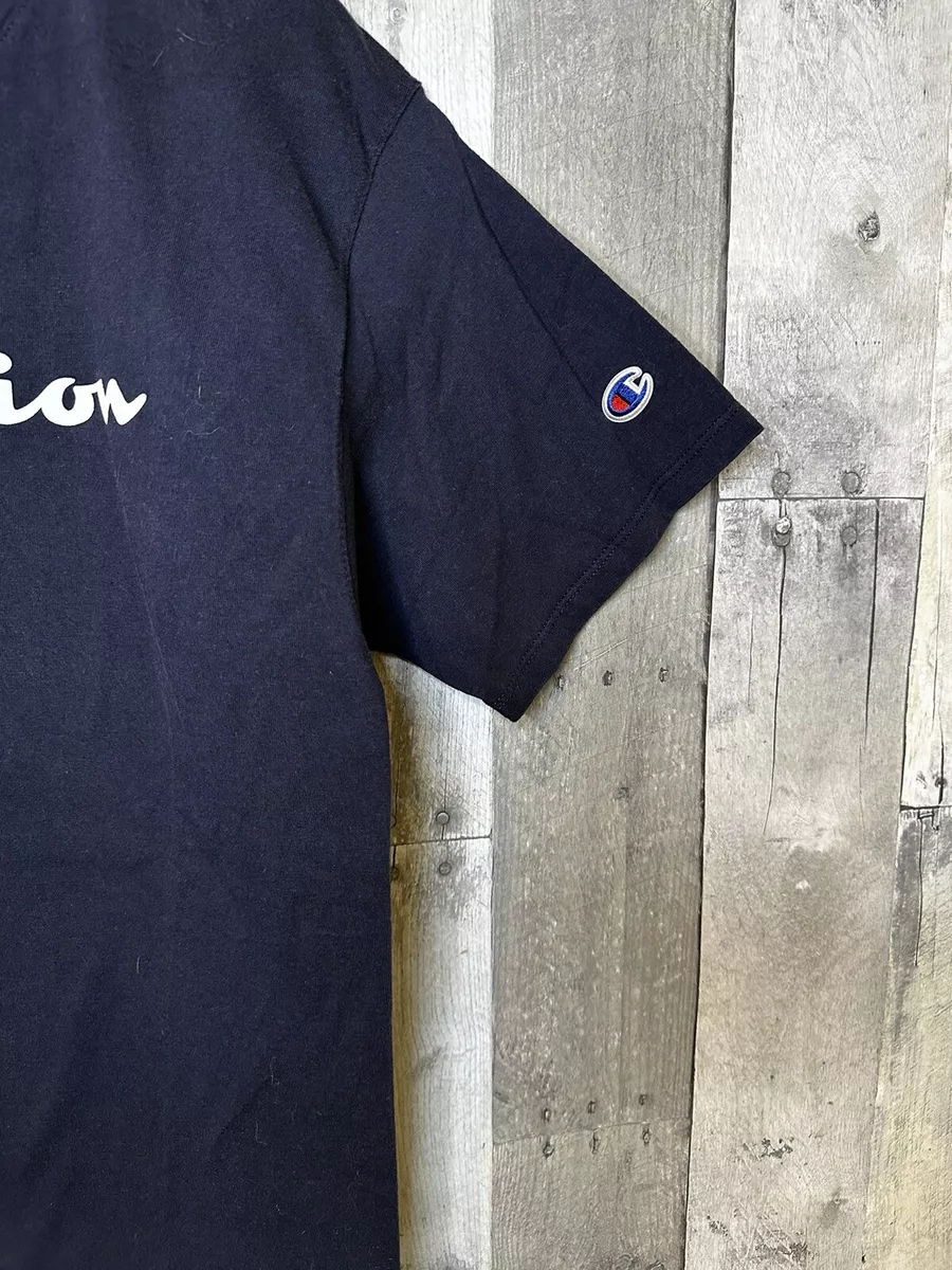 Black champion hotsell shirt blue writing