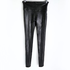 Spanx Faux Leather Leggings Womens M Black Metallic High Waisted Shapewear