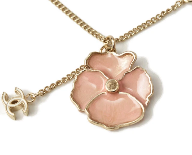 Chanel Necklace Pendant Flower Motif Coco Mark Cc Pink Beige Gold Second Hand