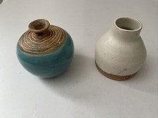 Pottery Vases #2 Small Blue & Beige 4” X3.5”. White Clay & Brown Clay. #1 Signed