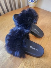 Fur Storys Womens Faux Fox Fur Slides Black - Size US 8 - Fuzzy Slippers Sandals