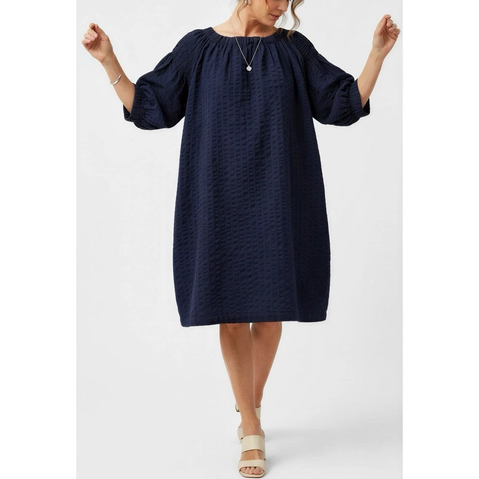 $280 BLACK CRANE Sack Dress, Navy Seersucker, Medium - Image 2 of 4