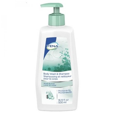 TENA Body Wash and Shampoo, 16.9 ounce Pump Bottle, Mildly Scented, 10 Ct, 64363