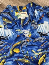 Vintage Paradise Found Mens 4XL Blue Marine Life Short Sleeve Button Down Shirt