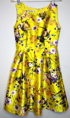 Wo Xing Wo Su Vintage Yellow Skater Dress Owl & Squirrel Floral Print Midi 28''