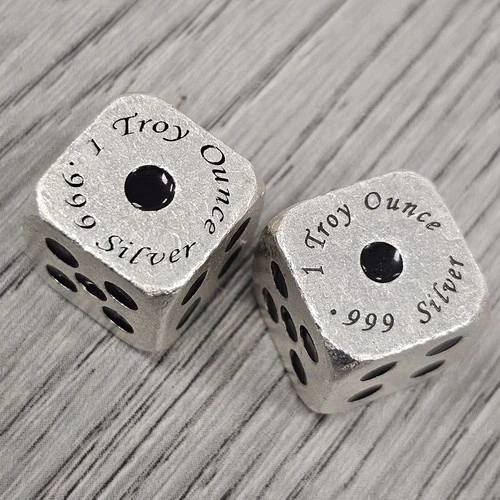 Pair Of 2 Dice 1 oz Each 999 silver Black Enamel Dots Rare Gamble Bullion Casino