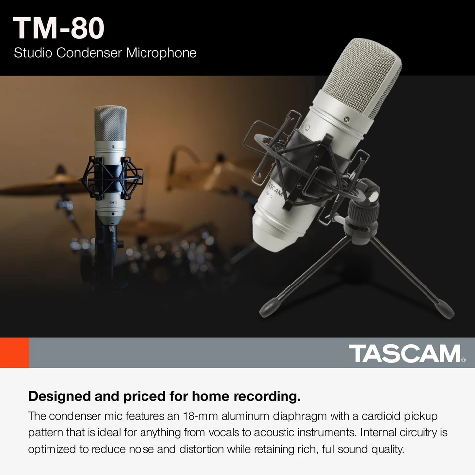 Tascam TM80 Cardioid Condenser Microphone Studio Recording Mic Stand XLR Cable - Image 3 of 4