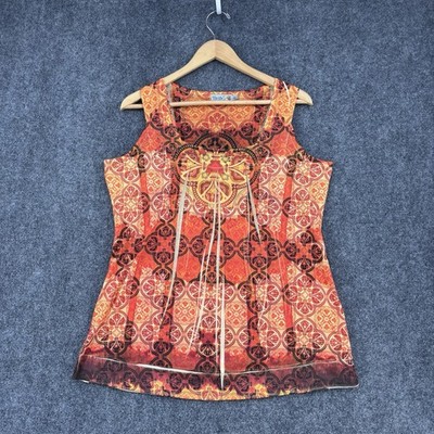 Unity World Orange Yellow Boho Sleeveless Top Studded Women s L Square Neck