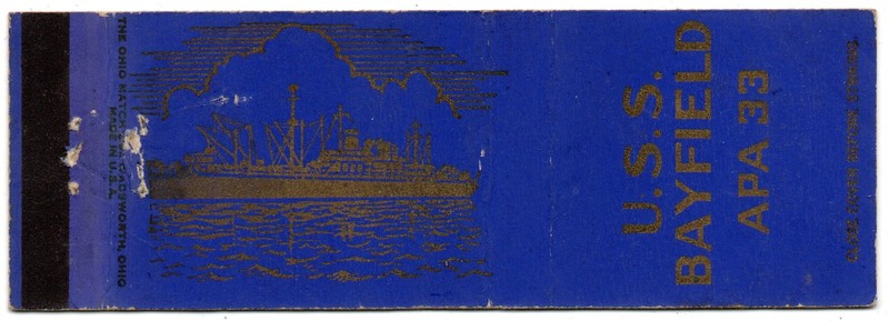 MILITARY U.S.S. BAYFIELD APA-33 / U.S. NAVY ATTACK TRANSPORT 20 FS MATCHCOVER