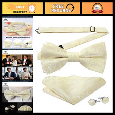 Adjustable Pre-tied Bow Ties Set for Men with Pocket Square Cufflinks - Weddin