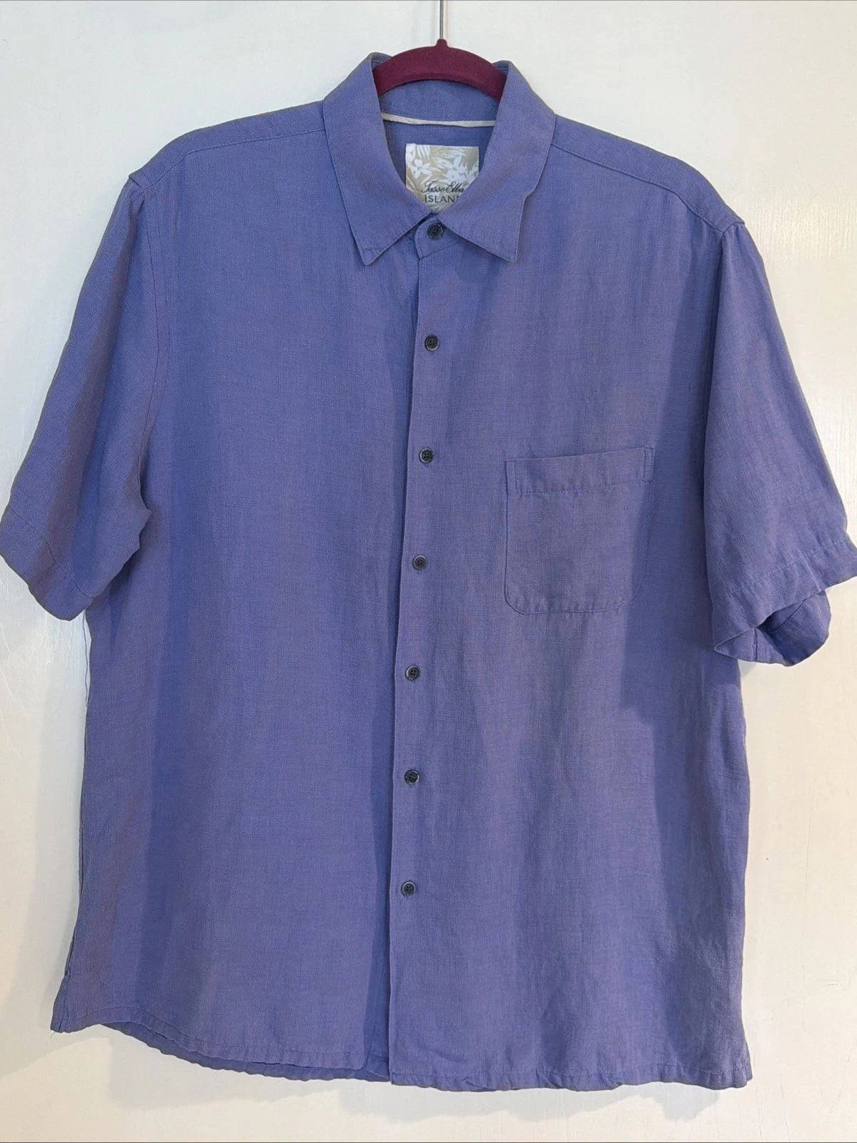 Tasso Elba Silk Linen Blue Violet Short Sleeve Button-Up Front Shirt Size Large