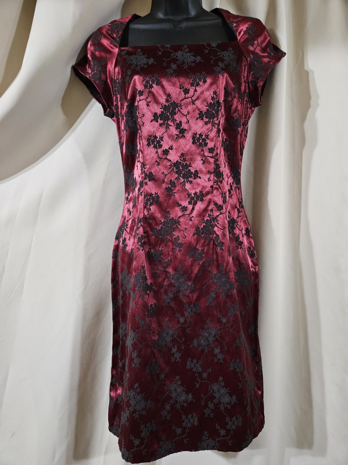 CDC Burgundy Floral Brocade Dress USA Square Neck Cap Sleeve Sz 4 Whimsigoth