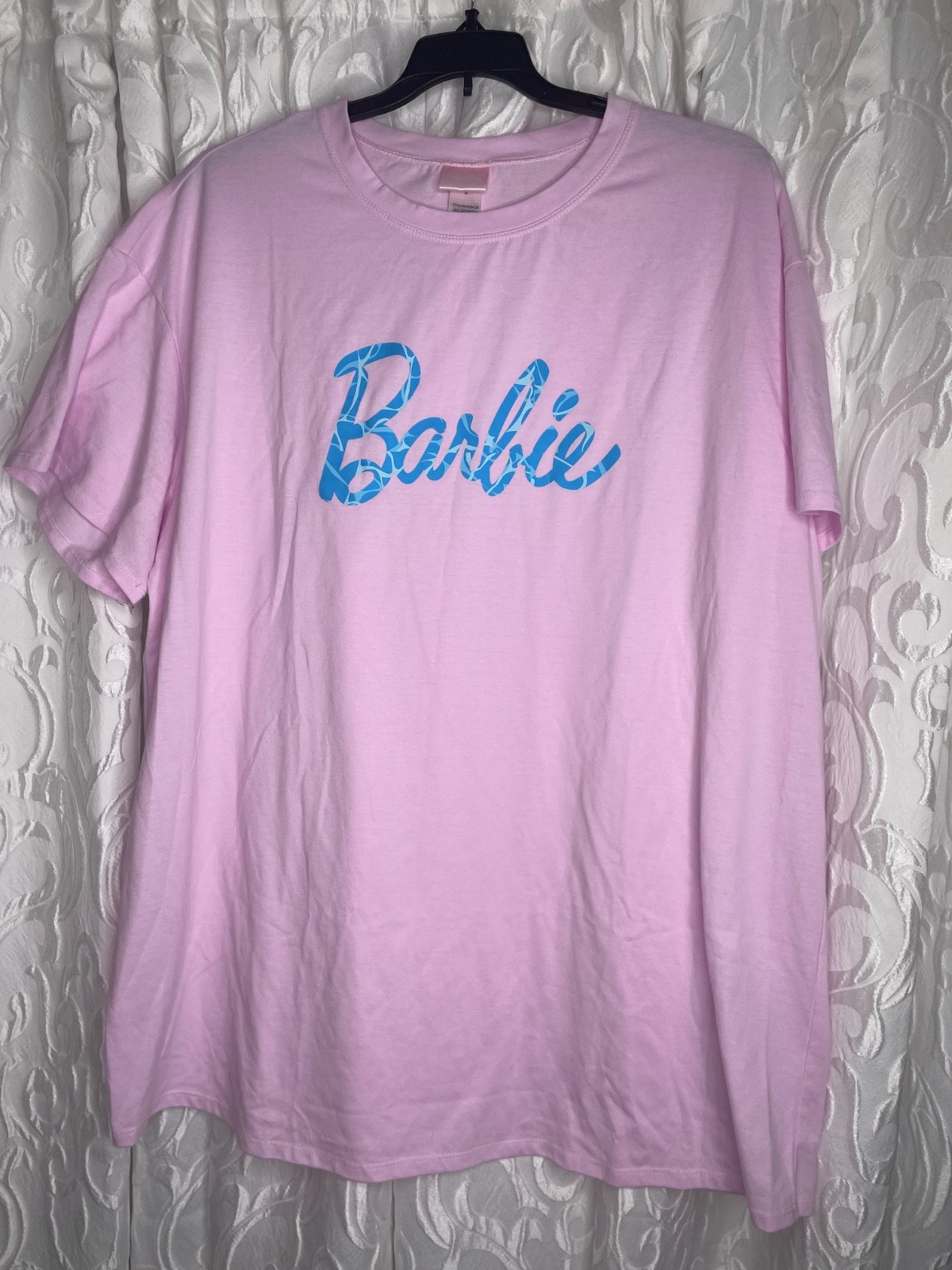 Barbie women's plus 2X T-shirt, pink with blue Barbie