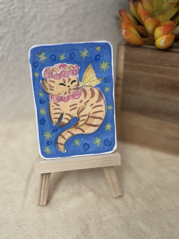 ACEO Art Card Fairy Cat with Crown of Flowers Original Markers  By Sinai Art