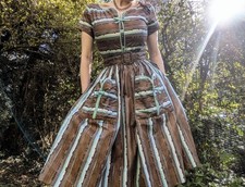 Vintage 50s Abstract Print Brown & Blue Stripe Fit & Flare Dress With Belt