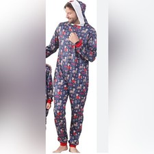 Christmas One Piece Pajamas Reindeer HoHoHo Blue Red Mens Large Hood NWOT