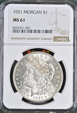 1921 Morgan Silver Dollar $1 NGC MS61 MOR34,35