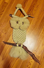Vintage Macrame Owl Mid-Century Modern Boho Jute Wall Hanging Fluffy Wood Eyes