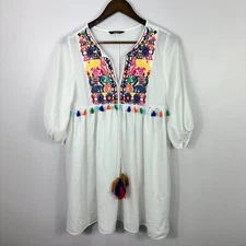 Shein Dress Women XS White Embroidered Tassel Boho Festival Cottagecore Resort
