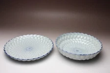 Set of 2 Ceramic Dessert Plate and Bowl Ribbed Floral Fishnet Pattern JAPAN NEW