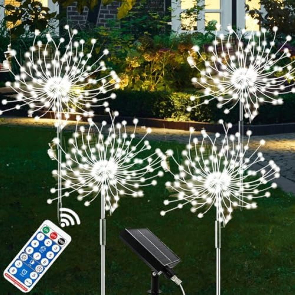 4x Luci Giardino Solari 120 LED Impermeabili IP65 Fuochi D'artificio