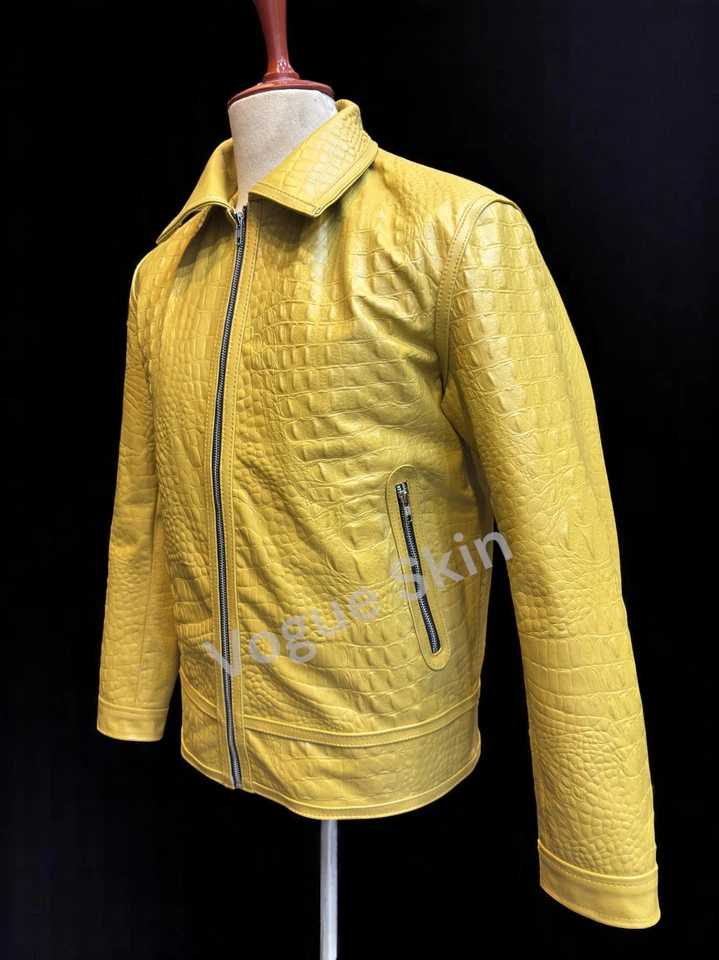 Men's Leather Jacket Yellow Alligator Embossed Pattern Crocodile Leather Jacket - Image 3 of 4