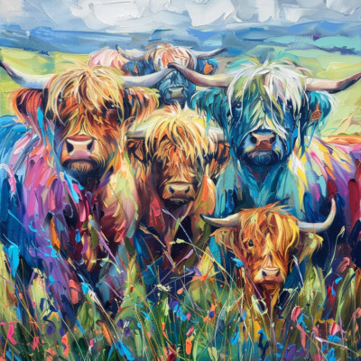 Highland Cow Herd Colourful Oil Art Luxury Canvas Wall Picture Print Colourful