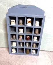 Vintage country blue miniatures Thimble Display Case Wood Wall Hanging Shelf