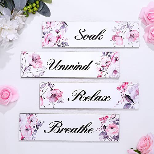 4 Pieces Wood Wall Pink Bathroom Decor Pink Flower Bathroom Accessories