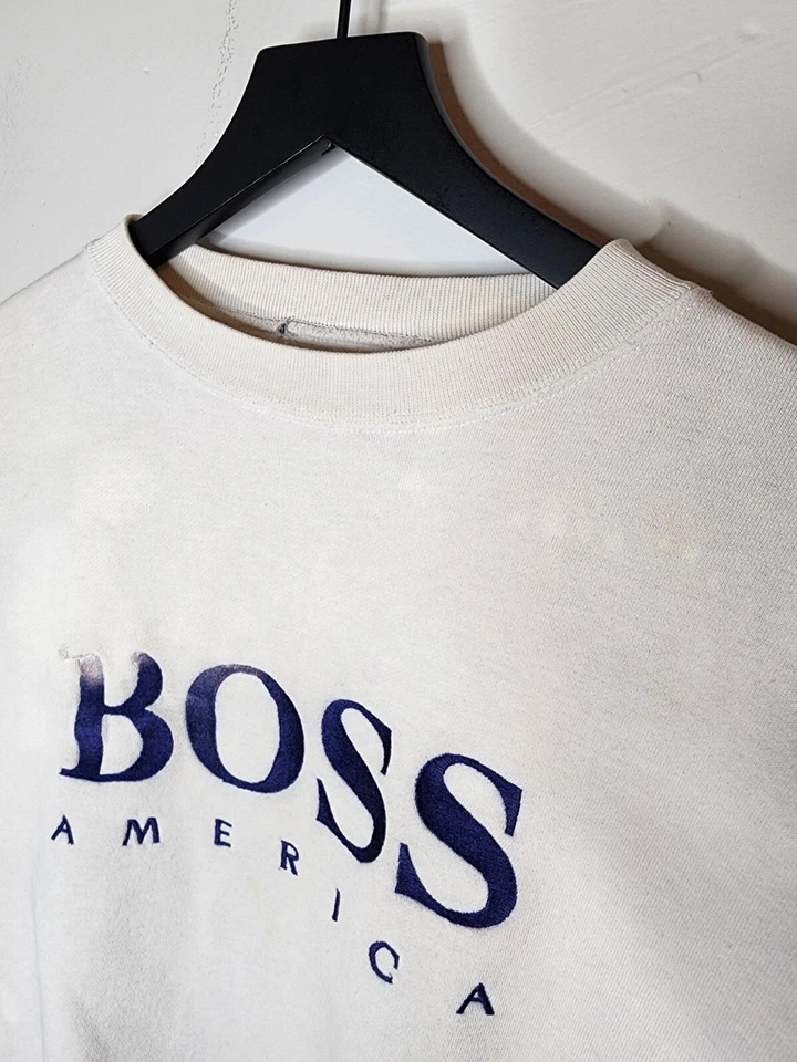 Sudadera Vintage Años 90 Boss America Cuello Redondo Blanca Bordada Talla XL Foto 4 de 4