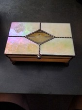 Vintage Stained Glass Jewelry Trinket Box mirror bottom