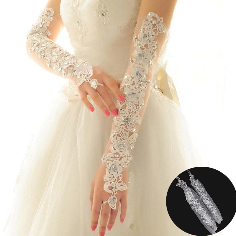 Braut Hochzeit Kleid Handschuhe Strass Lang Spitze Fingerlose Tanz Stütze - Bild 4 von 4