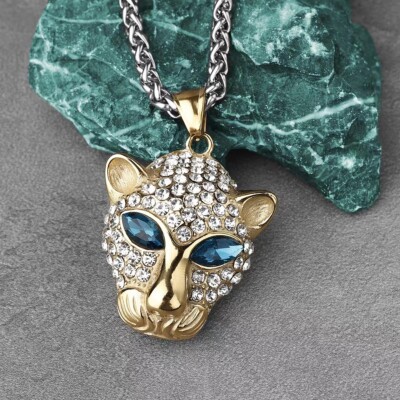 Gold CZ Animal Leopard Pendant Necklace Chain Men Stainless Steel Jewelry  Gift
