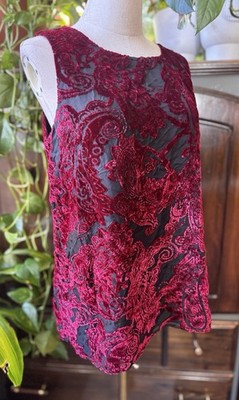 Sz M Deep Dark Red & Black Velvet Burnout Tank Top Tunic Sheer Stretch Vamp Goth