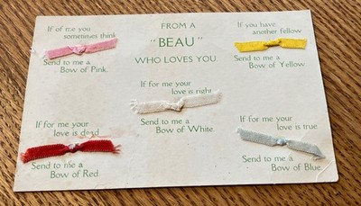 Novelty Beau Who Loves You Postcard Vintage  c1910 Real Ribbons Pink Red Yellow