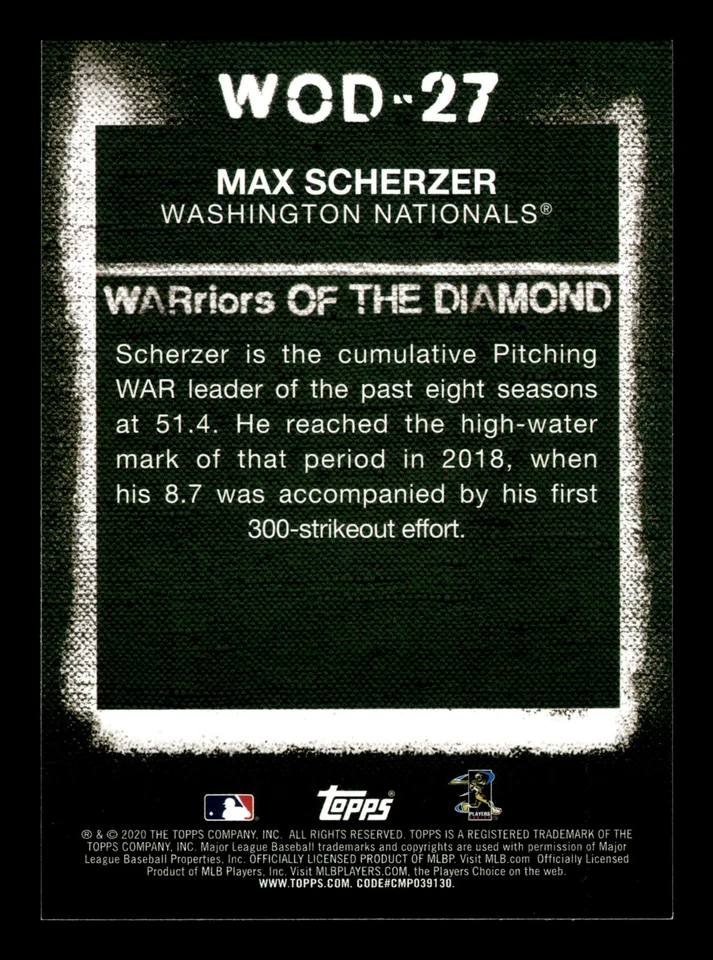 2020 Topps WARriors of the Diamond Max Scherzer #WOD-27 Washington Nationals - Image 2 of 2